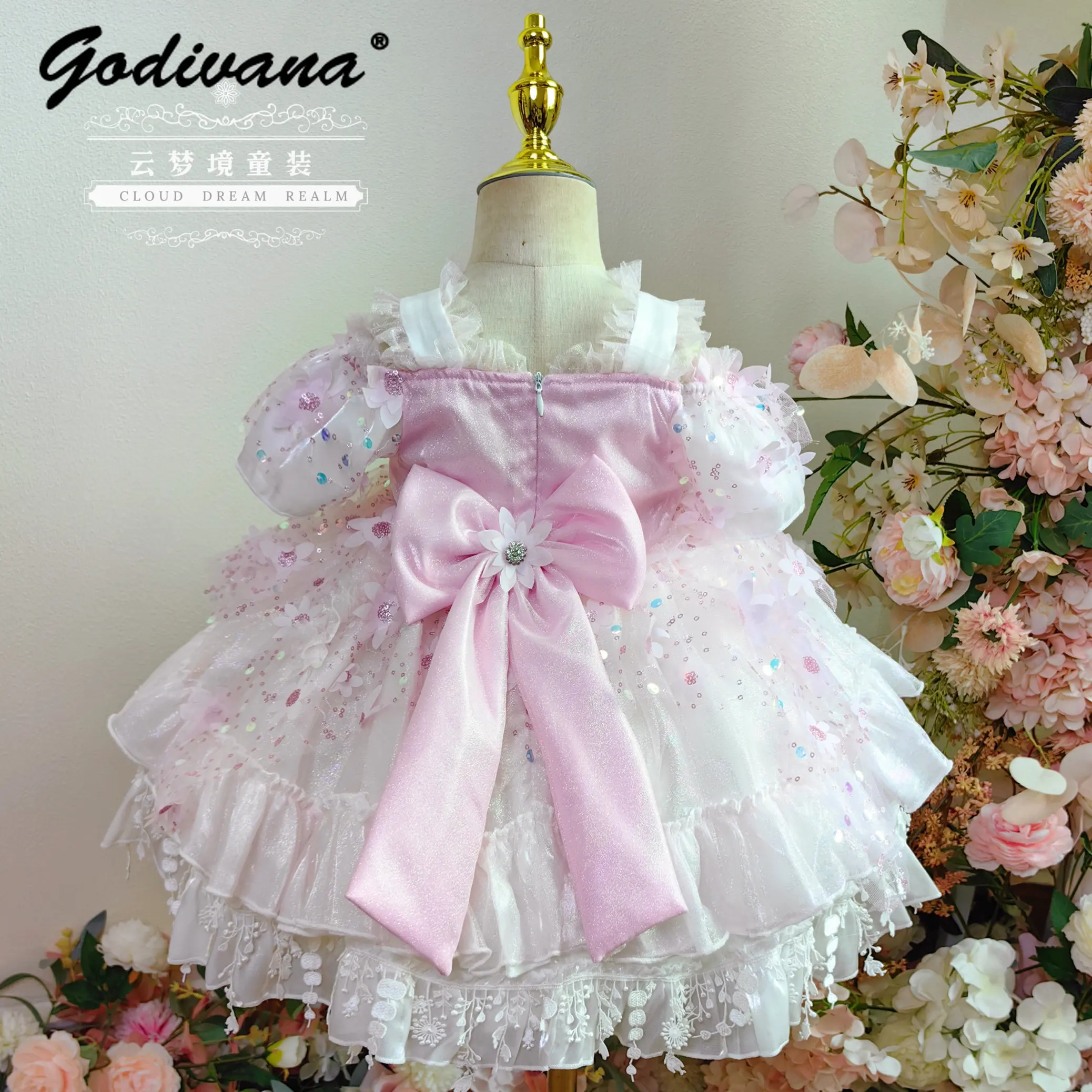Sweet Baby Girls Court Heavy Lolita Princess Dress Kids Pink Mesh Sequin Lace Bow Floral Puff Sleeve Birthday Party Ball Gown