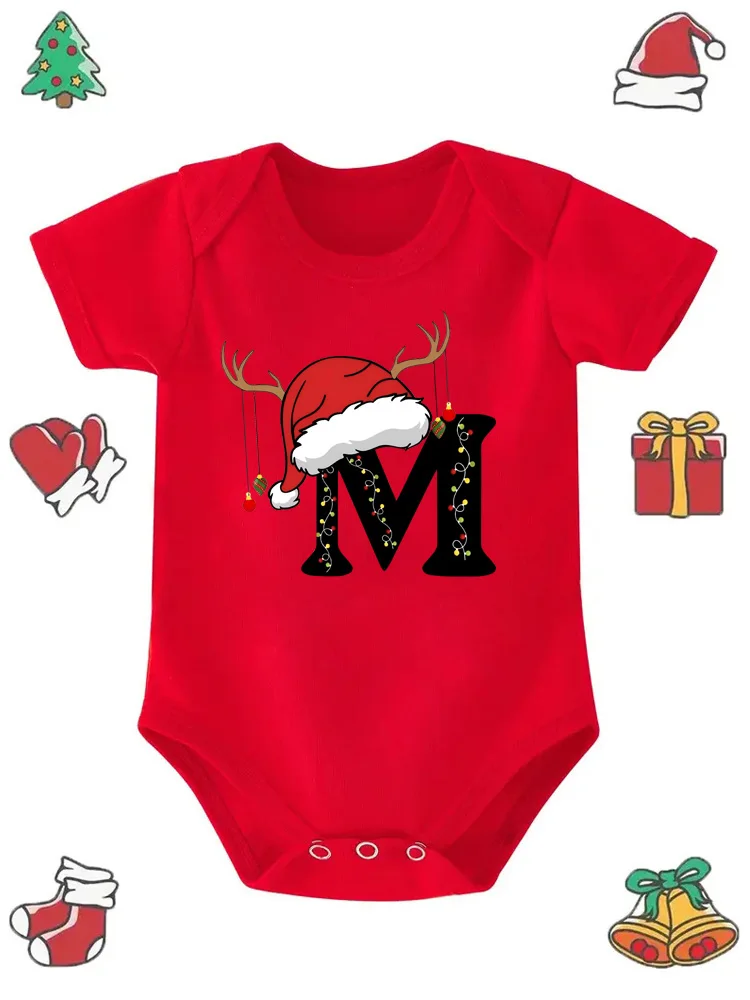 Cute Baby Christmas Hat Custom Name Letter Combination Printing Bodysuit Letter Font A B C D E F G Short Sleeve Toddler Jumpsuit