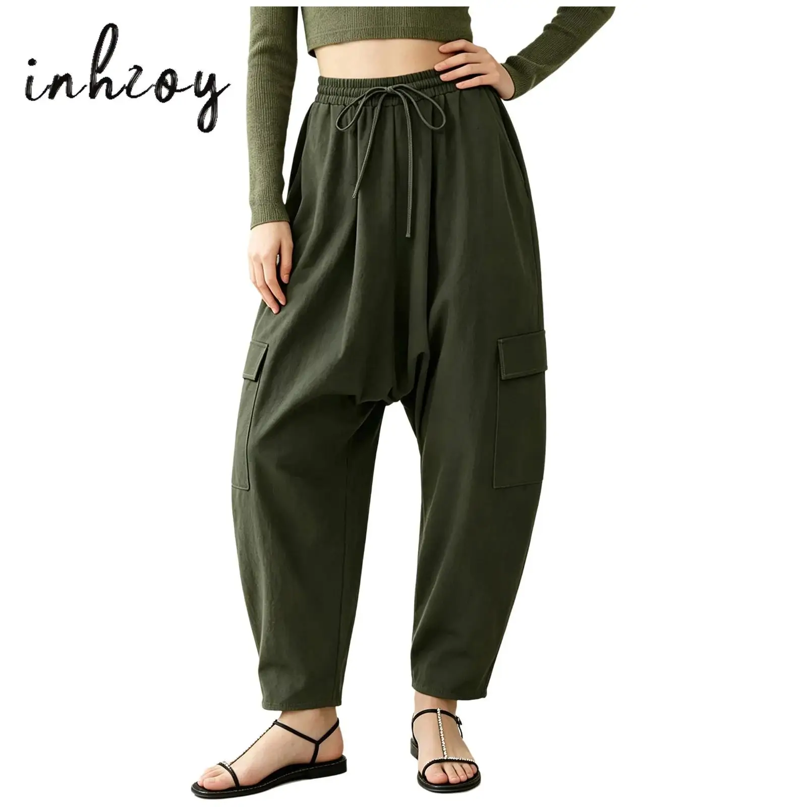 Women Cargo Palazzo Harem Pants Drop Crotch Multi-pocket Drawstring Elastic Waistband Baggy Pants Pirate Trousers Casual Pants