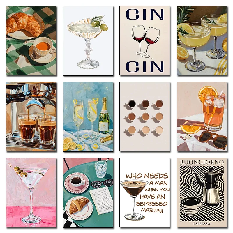 1pc frameless Cocktail Coffee and Croissant Espresso Cin Cin Wine Diamond Print Kitchen Wall Art for Living Room Home Bar Deco