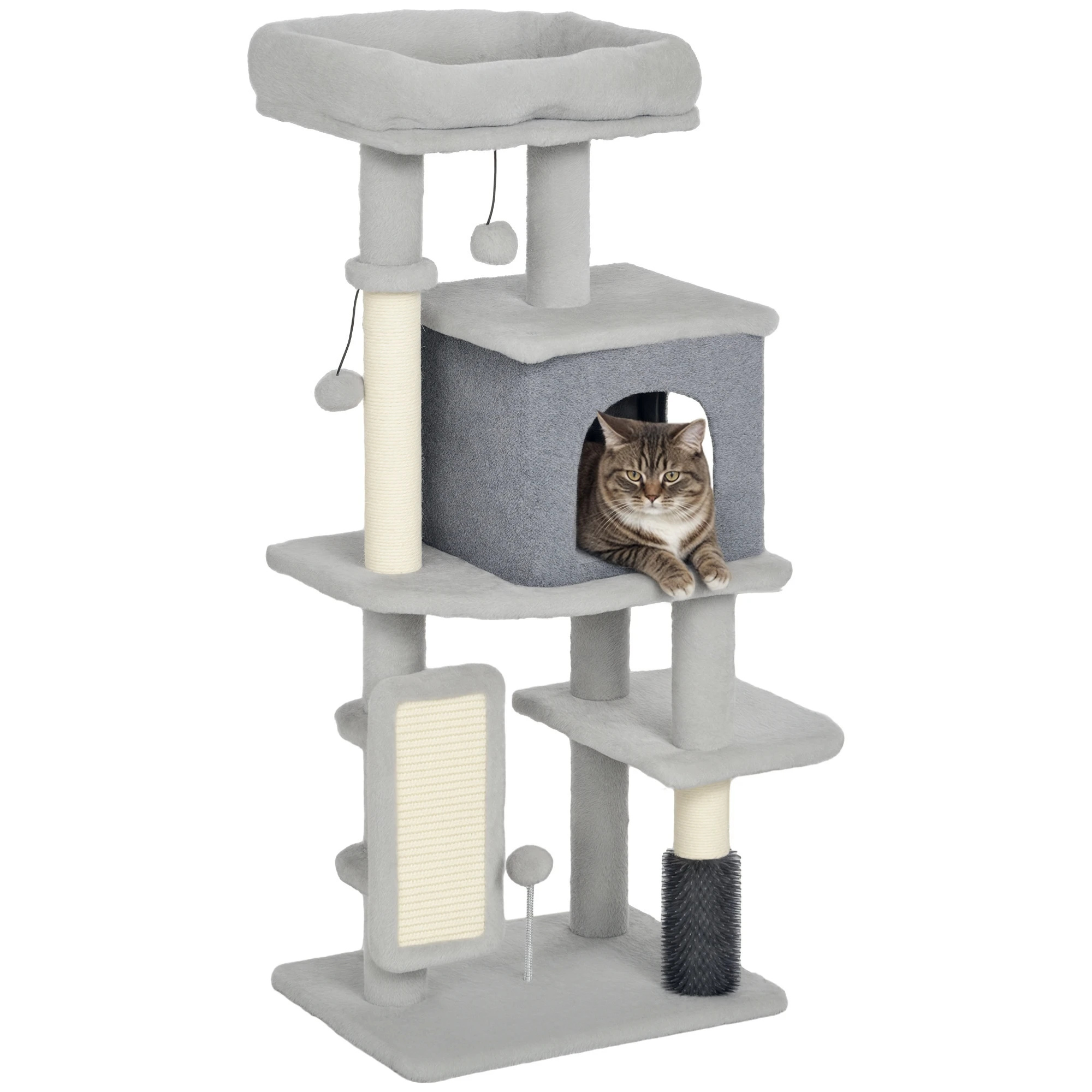 PawHut kattenboom kattenspeeltoren, hoogte cm, met krabpaal, tapijt, bed, huisje, platforms, borstel, speelballen, lichtgrijs