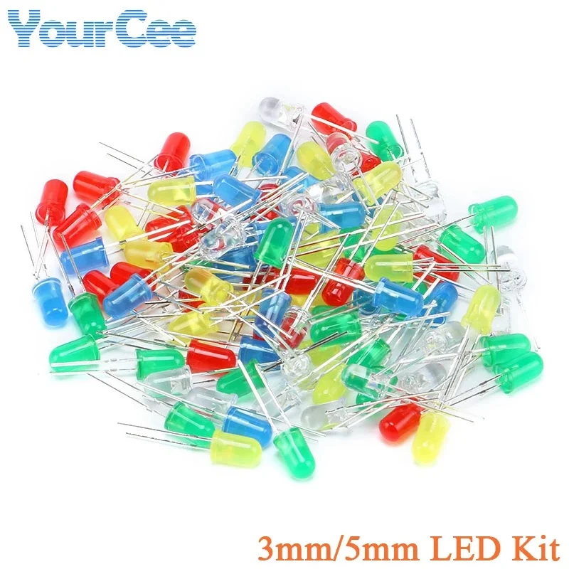 100pcs/lot 3mm 5mm LED Light F3 F5 White Yellow Red Green Blue Orange Assorted Kit DIY LEDs Set Electronic Light Emitting Diode