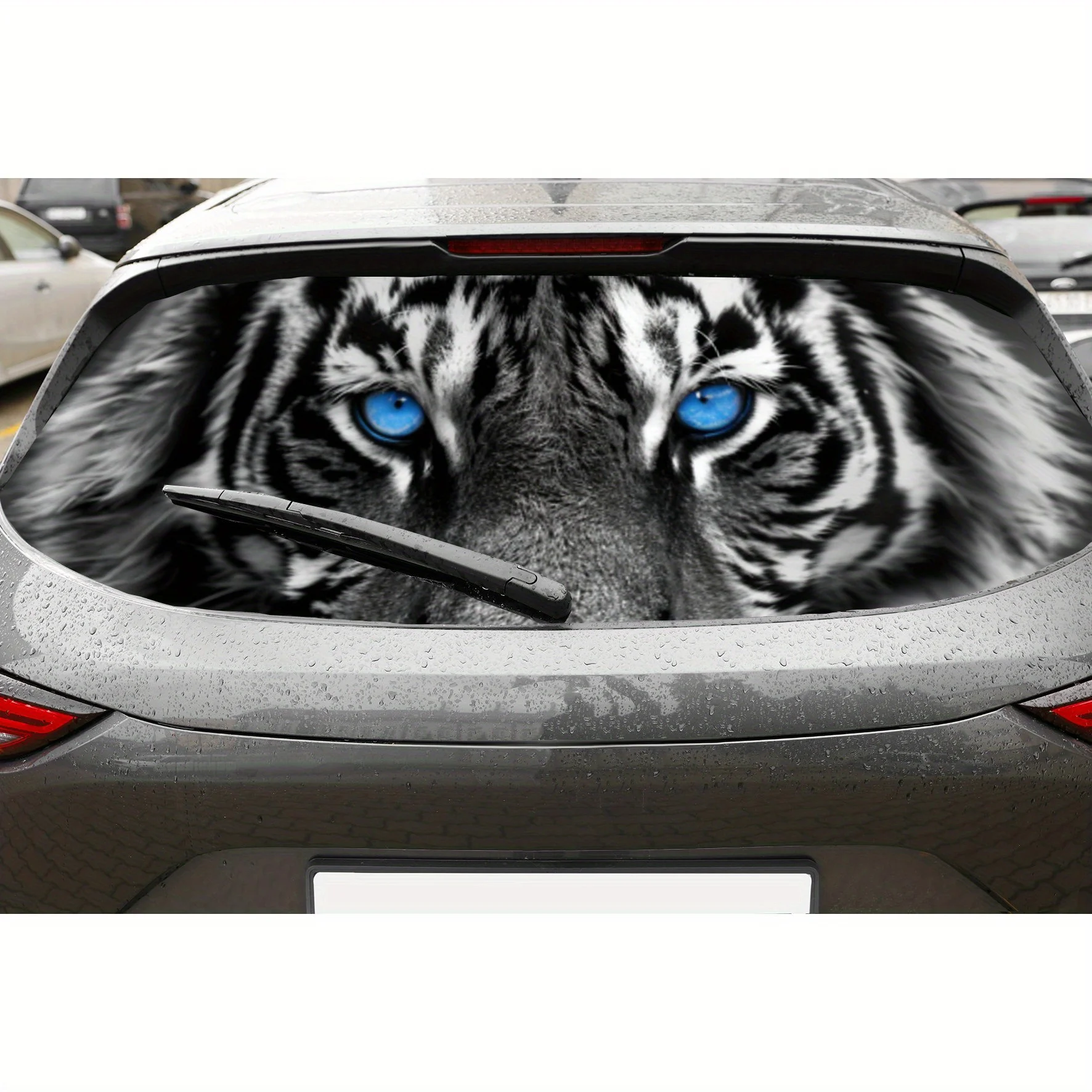 

Cool Blue - Eyed White Tiger ПВХ перфорированные автомобильные виниловые обертывания, конструкция для улучшения конфиденциальности для заднего окна, палка для заднего лобового стекла автомобиля