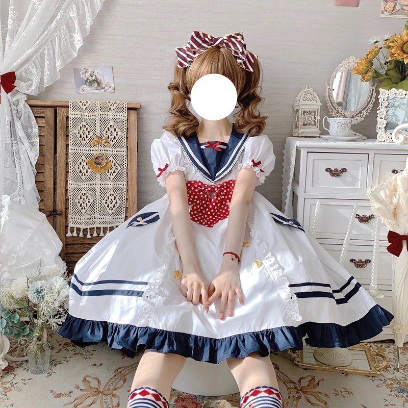 Japanse College Stijl Cosplay Lolita Op Lief Meisje Navy Matroos Kraag Ruches Far Point Strik Puff Mouw Metalen Knoopjurk