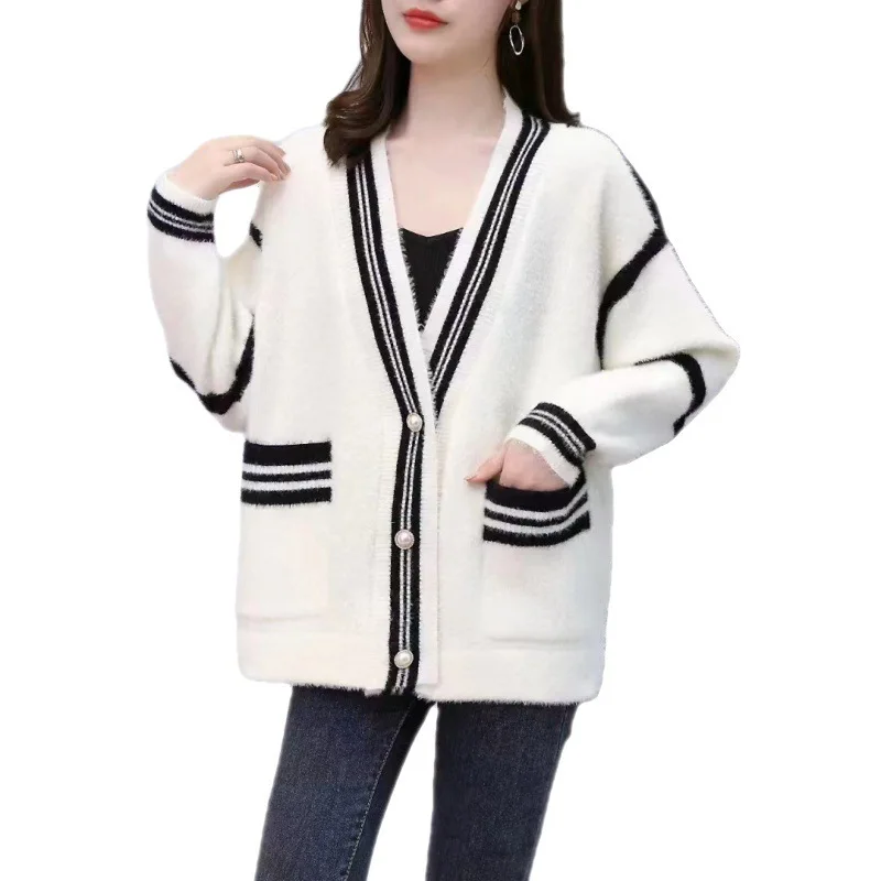 New Spring and Autumn Idle Style Faux Mink Velvet Cardigan Women's Loose Sweater Coat