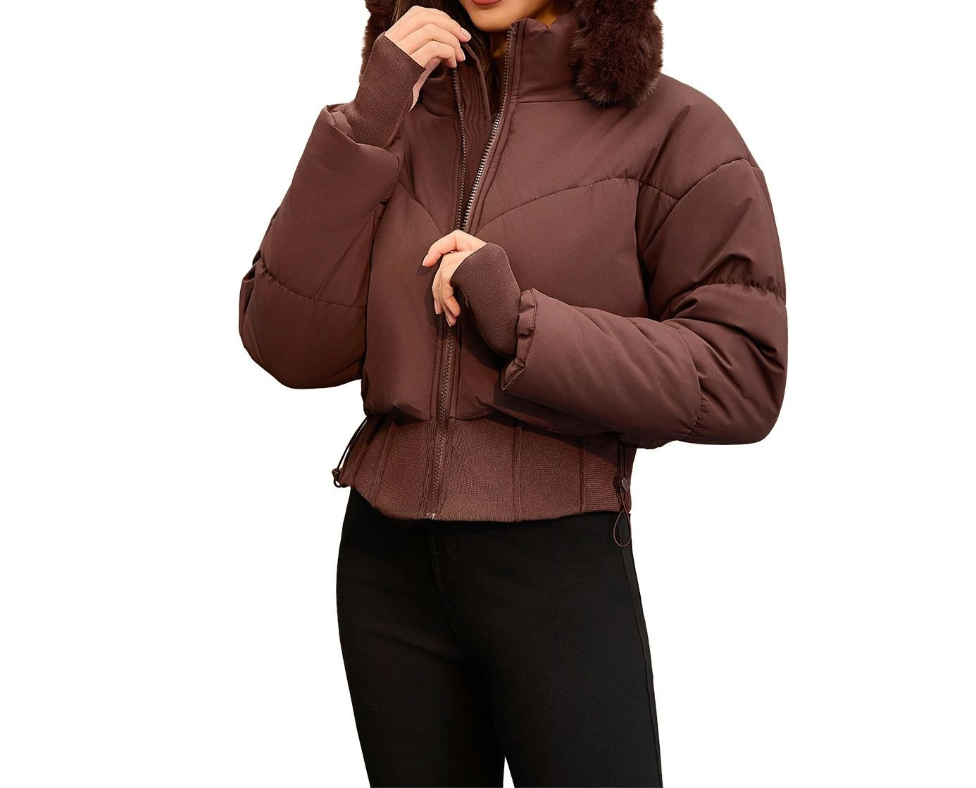 معطف فرو طويل بنمط جديد لخريف وشتاء 2025، تنحيف الخصر، معطف قطني بأكمام قصيرة وغطاء للرأس #3