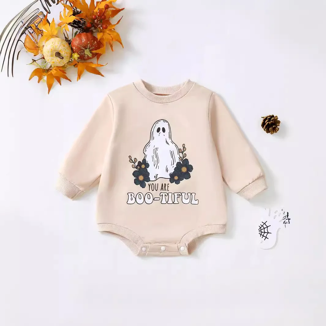 Infant Baby Boy Girl Halloween Outfit Ghost Print Long Sleeve Sweatshirt Bubble Romper Oversized Sweater Fall Winter Clothes