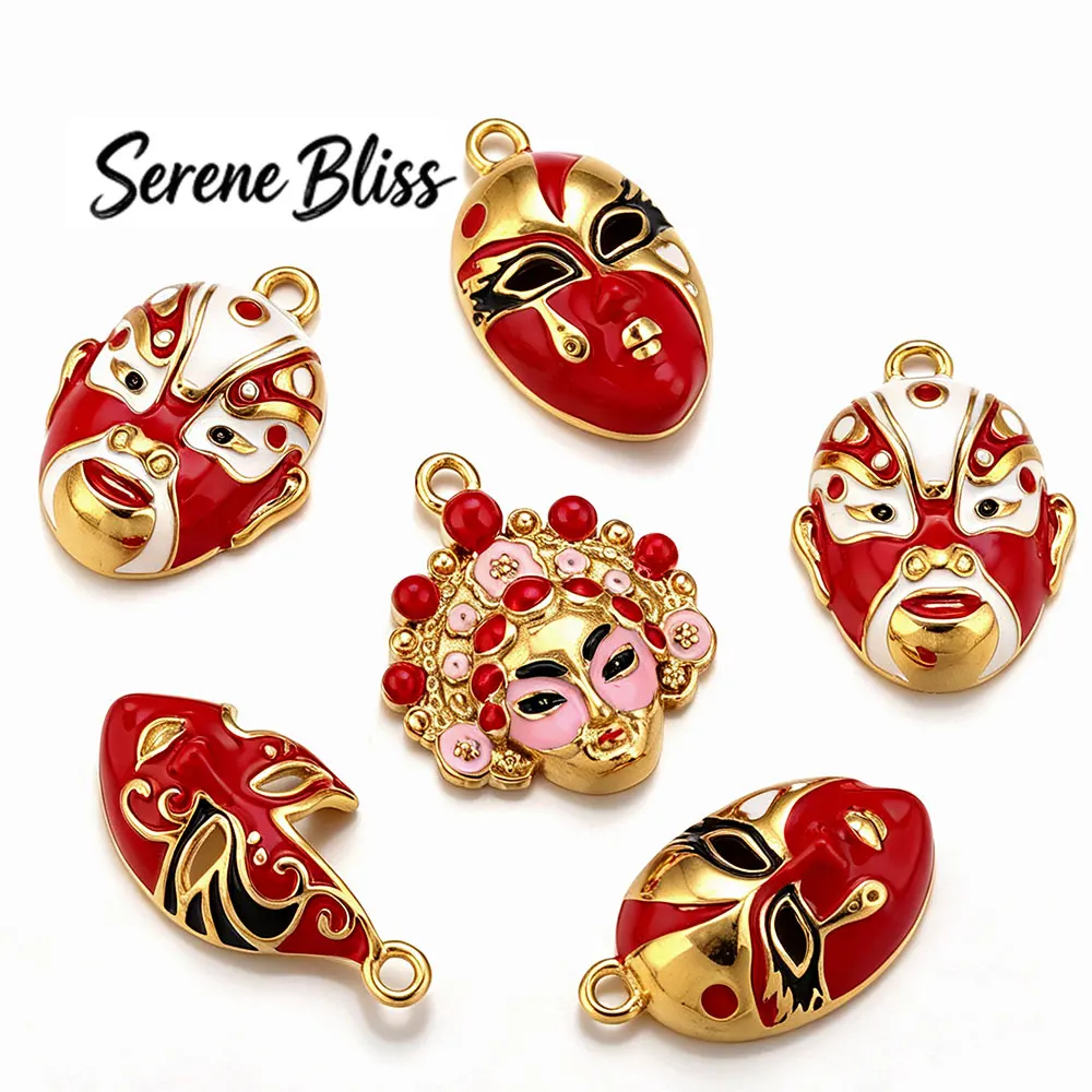 2pcs/lot Stainless Steel Enamel Mask Charms Red Peking Opera Pendant for DIY Jewelry Bracelets Making Necklace Earrings Supplies