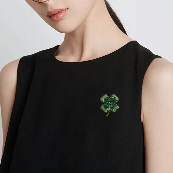 Rhinestone Clover Brooches For Women Green Pink Green Red Color Pin Flower Plant Jewelry Pin Accessories