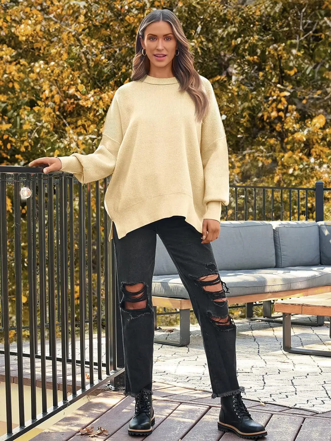 Maglione a maniche lunghe con scollo rotondo e ala di pipistrello per donna Autunno Inverno Nuovo pullover con spacco laterale lavorato a maglia Top alla moda per le donne