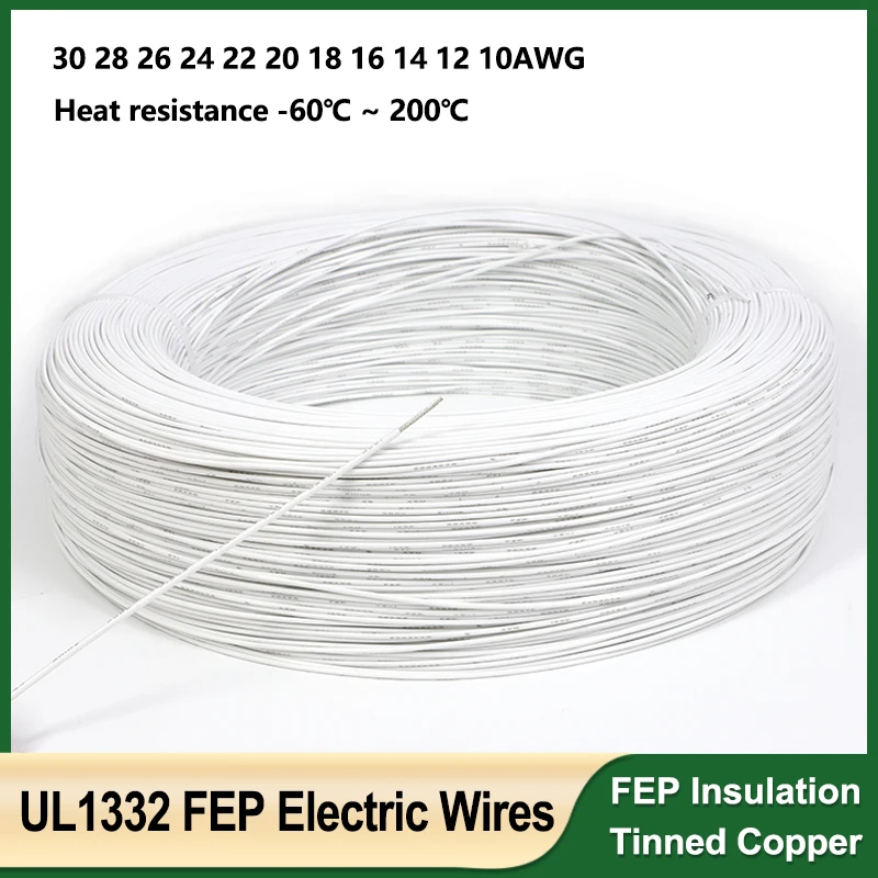 1m ~ 100m White UL1332 PTFE Electric Wire 30 28 26 24 22 20 18 16 14 12 10AWG FEP Insulation Tinned Copper Cable for 3D Printer