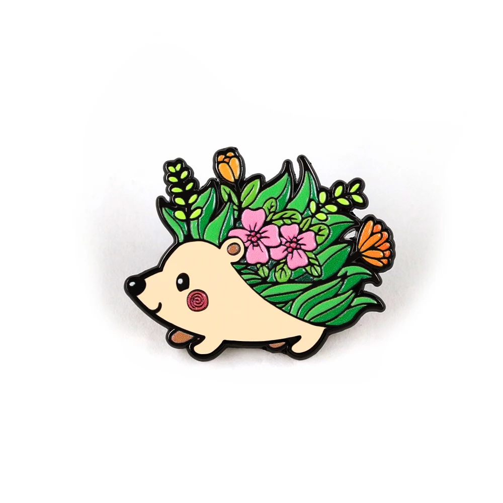 Cute Hedgehog Garden Brooch Cartoon Garden Theme Badge Flower Animal Shaped Enamel Pin Creative Periphery Backpack Decoration