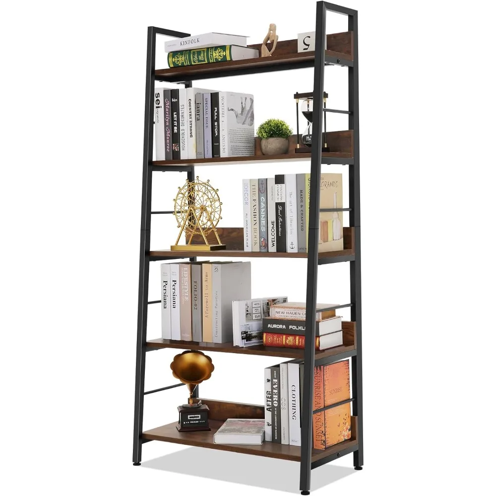 

Himimi Bookshelf, Industrial Wood Bookshelves and Bookcases, Ladder Shelf 5 Tier with Metal Frame for Living Room, Bedroom