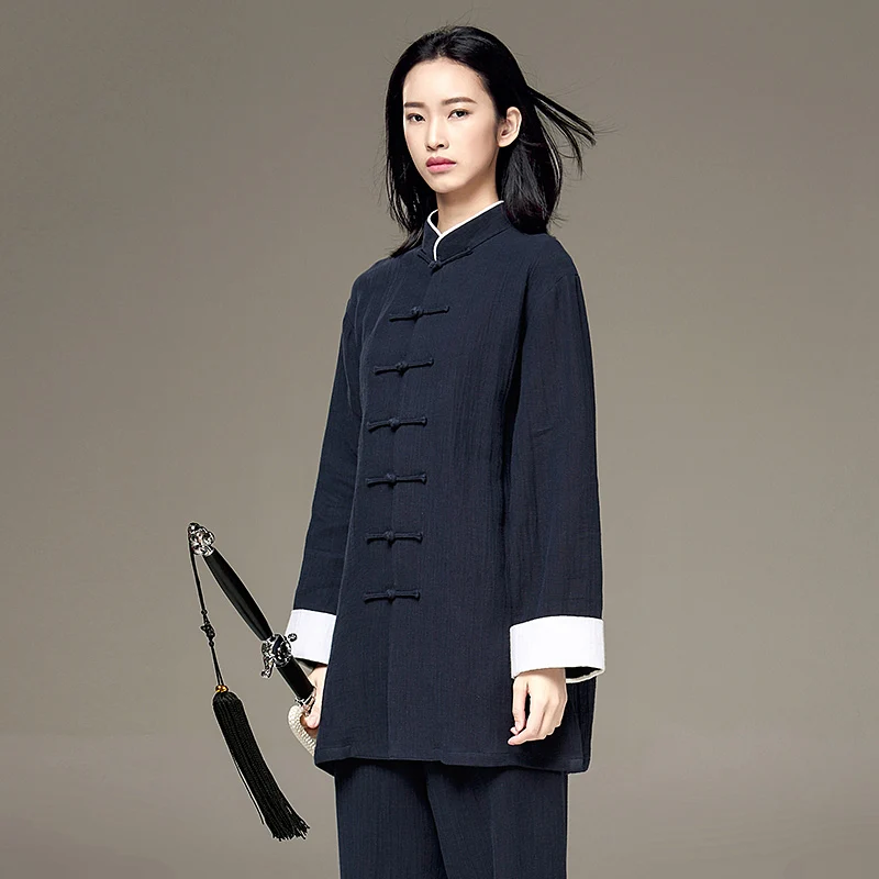 Water Ripple Pattern Heavyweight Linen Cotton Tai Chi Suit, Unisex All-Season Uniform for Practice & Performance