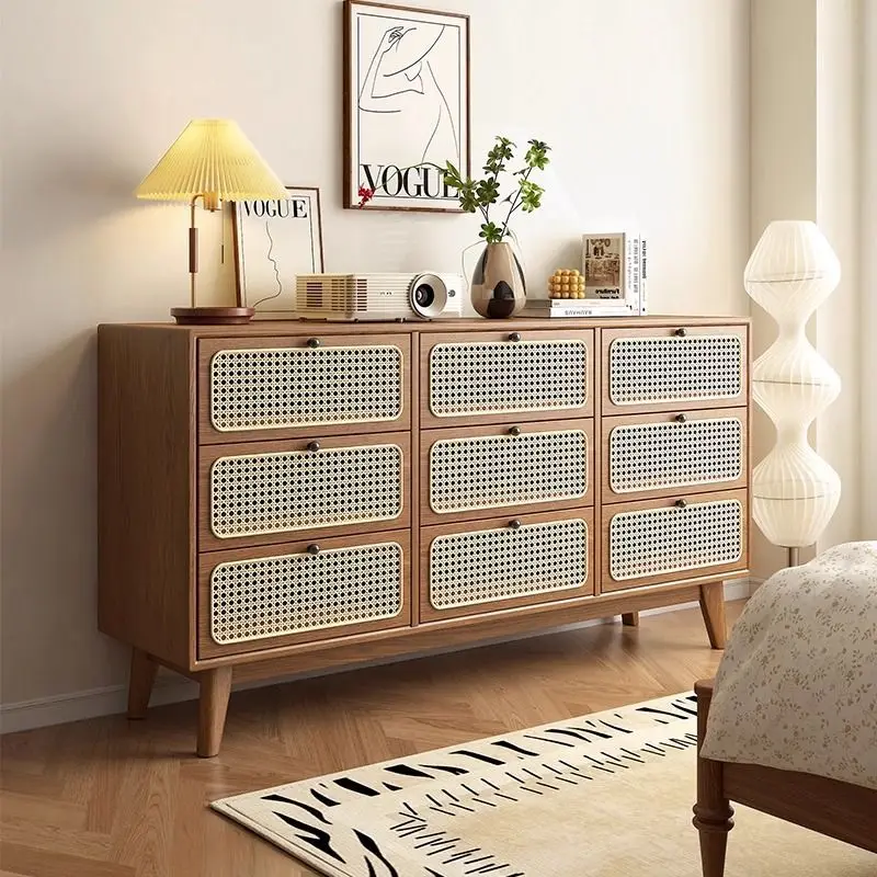 French retro, solid wood nine-chest bedroom, multi-functional drawer cabinet, medieval storage, rattan cabinet