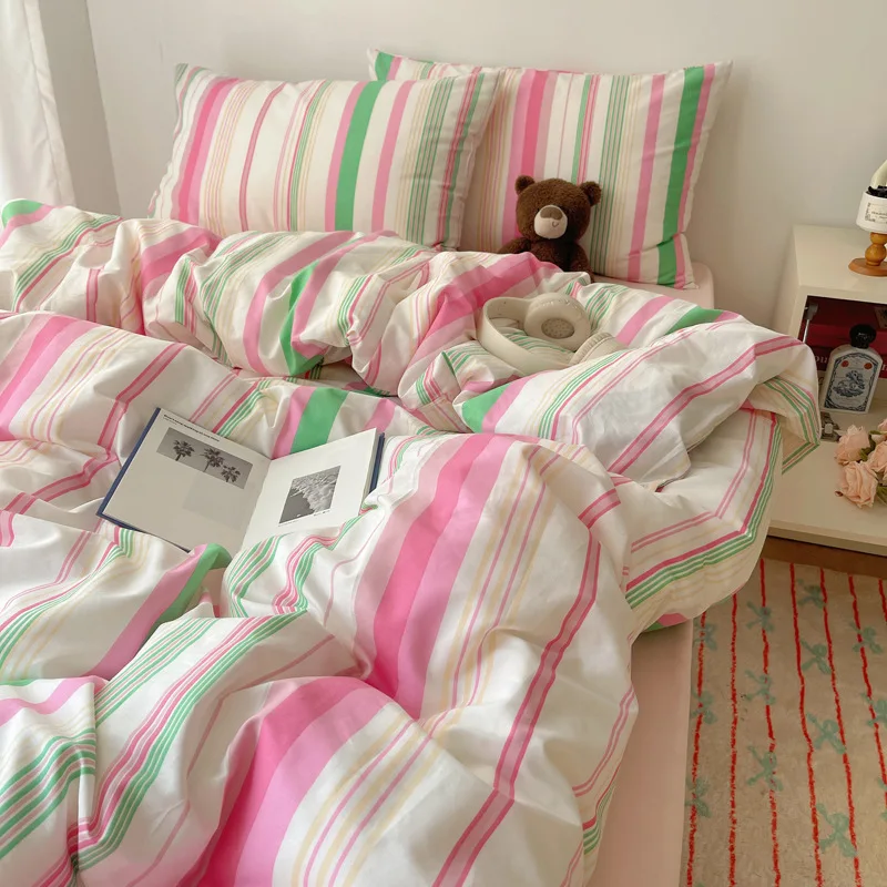 

Japanese Non Pure Cotton Striped Bedding Sets Non Fading Skin-Friendly Soft Duvet Cover Set Single Bedclothes for All Seasons