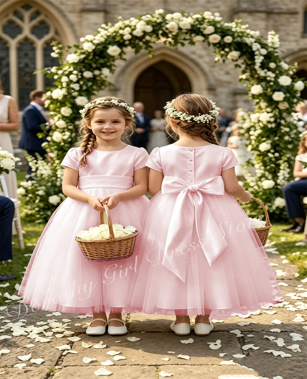 New White Flower Girl Dress Tulle Wedding Dress Bow on The Back Kids First Communion Bridesmaid Event Photography