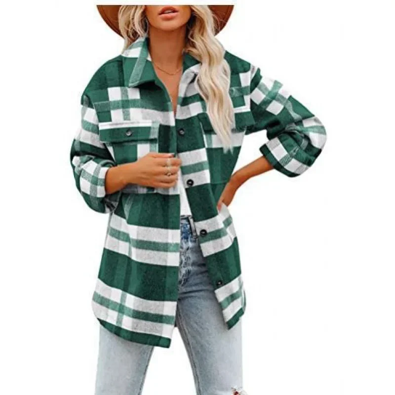 2023 New Autumn and Winter Fashion Polo Collar Plaid Flannel Long Sleeve Temperament Commuter Women's Loose and Unique Coat