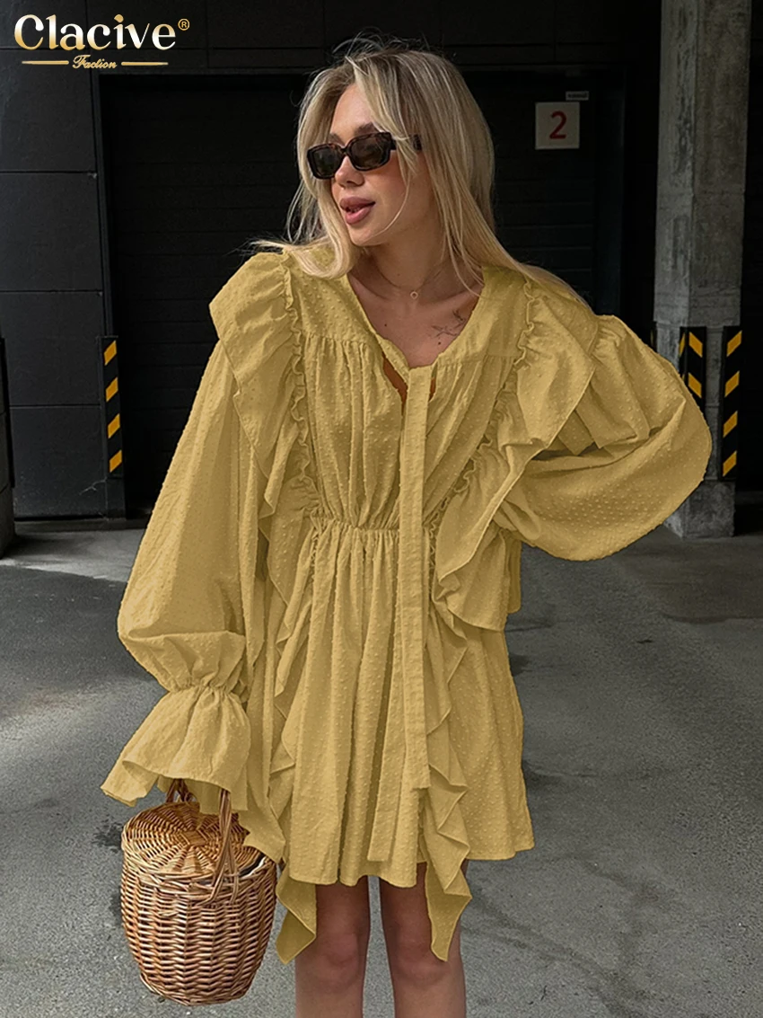 

Clacive Fashion Loose Yellow Cotton Women Dress 2025 Casual V-Neck Long Sleeve Mini Dresses Elegant Classic Ruffle Female Dress