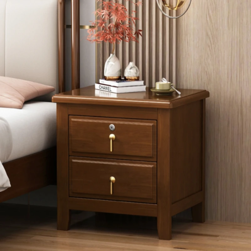 Chinese Modern Nightstand with Lock, Solid Wood Bedside Table Cabinet,Asian Style Locking Bedside Organizer for Home，Dormitory