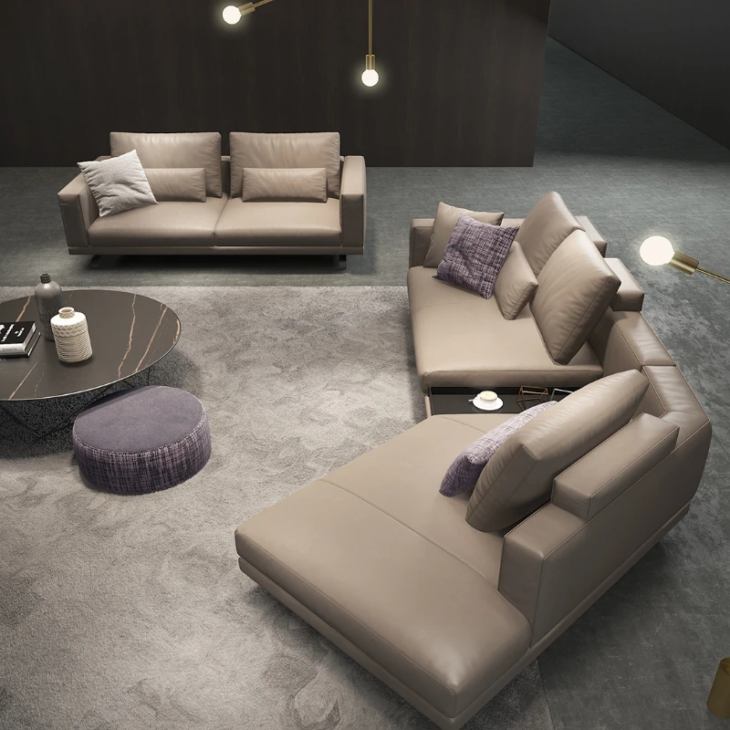 

Leather Sofa Combination Large and Small Apartment Type Villa Hong Kong Style Minimalist Modern High-End