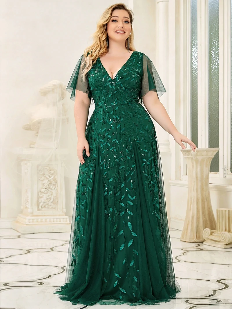 Plus Size Evening Dresses Long A-LINE Deep V-Neck Half Sleeves Floor-Length Gown 2025 Ever Pretty of GauzeDark Green Women Dress