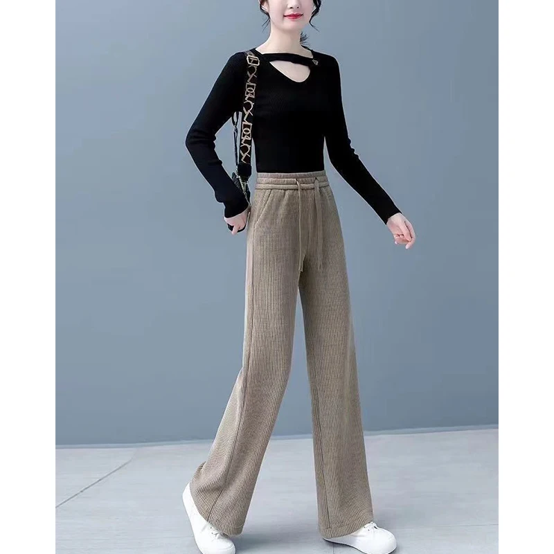 Autumn Winter Elastic Waist Loose Casual Wide Leg Corduroy Pants Female Add Velvet Fashion All-match Trousers Women\'s Clothing