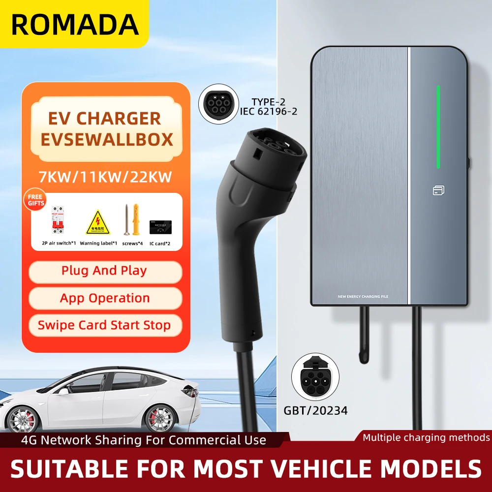 

ROMADA 32A Type2 GBT20234 Зарядное устройство для электромобилей 22 кВт 3-фазная зарядная станция Автомобильное зарядное устройство EVSE Wallbox с управлением через приложение Bluetooth CE