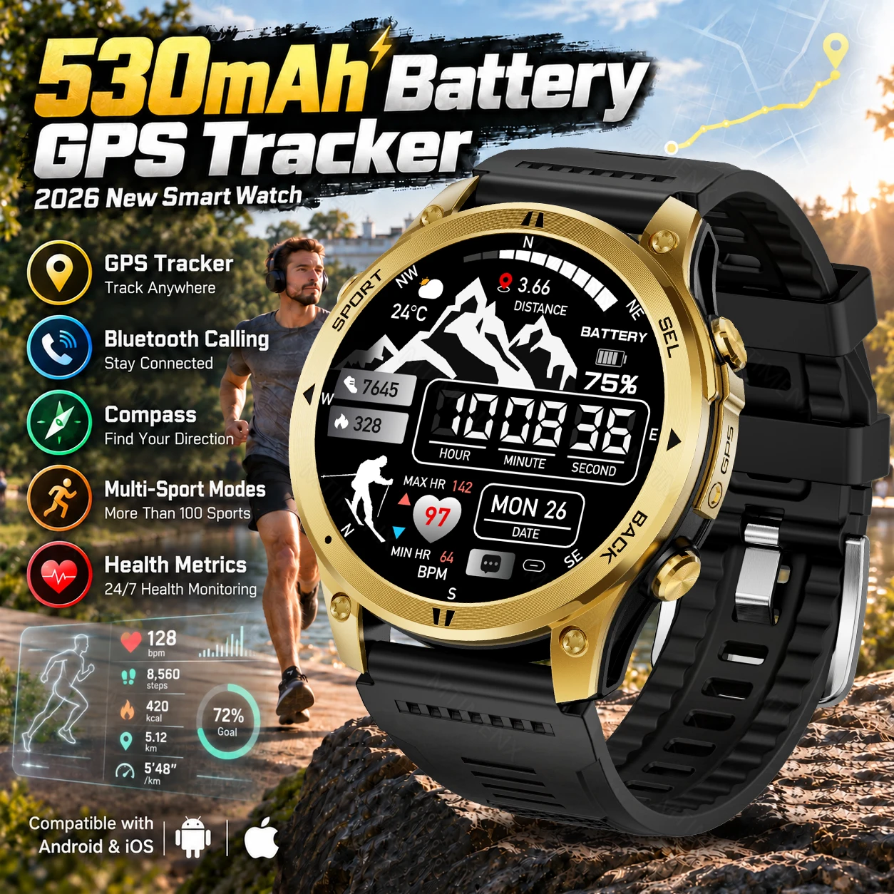 Smartwatch da uomo 2026, nuovo modello con GPS, orologio fitness per attività all'aperto, impermeabile IP68, chiamate Bluetooth, smartwatch sportivo, spedizione locale