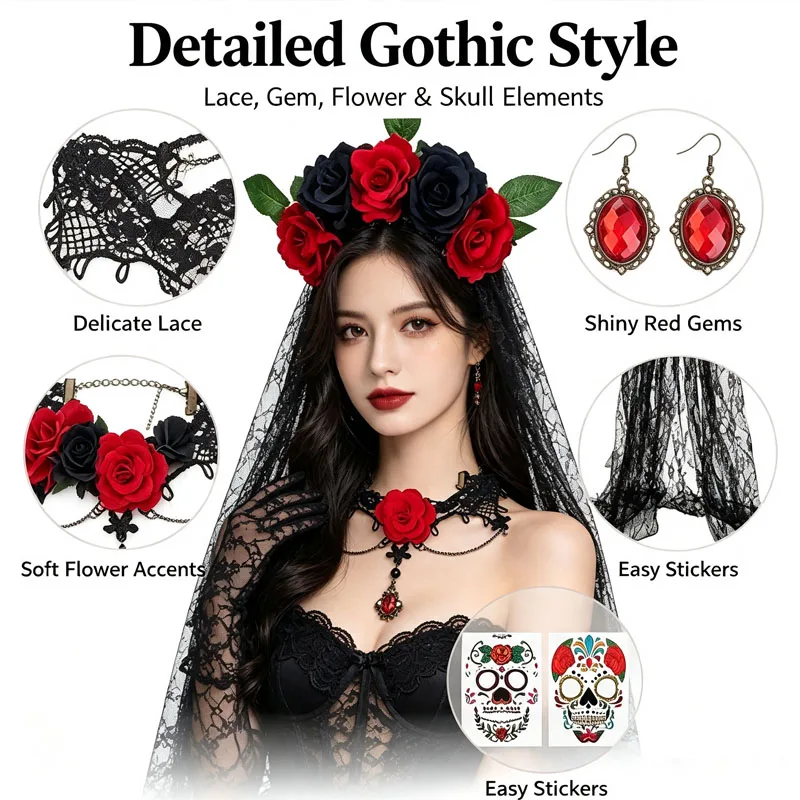 1 Set Halloween Sugar Skull Temporary Face Tattoos with Vintage Rose Spider Web Lace Headband for Day of the Dead Party Favor