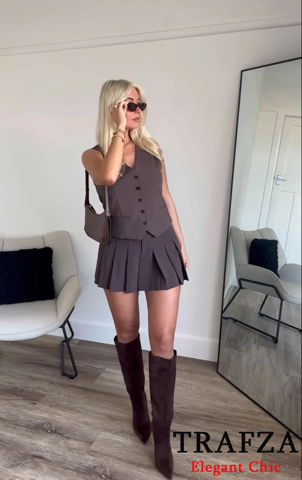 

TRAFZA Women Elegant Vest Skirt Set Buttons Vest + A-line Zipper Mini Skirt New 2025 Fashion Spring Fall Commuter Vest Set