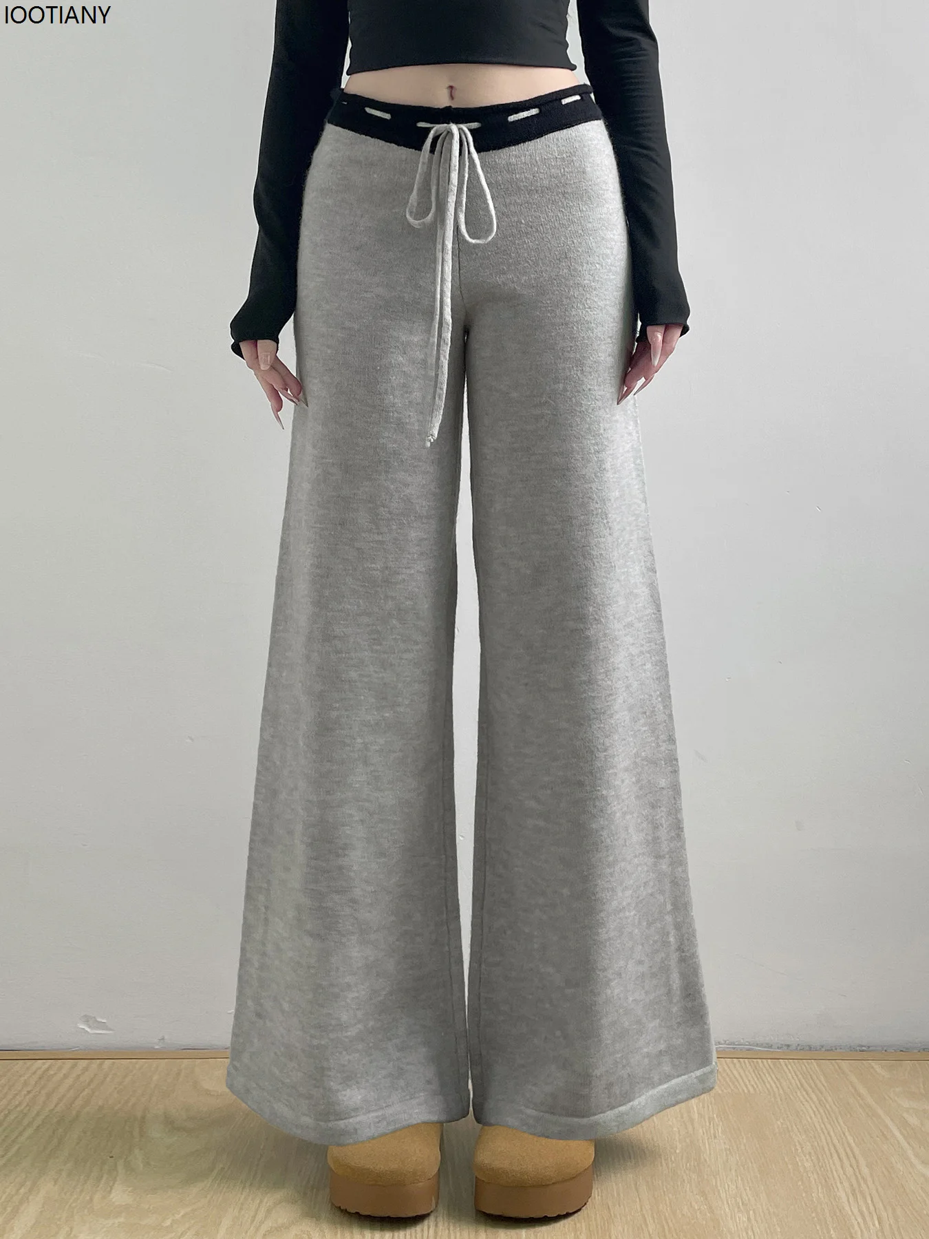Loose Knitted Casual Pants Retro Star Woven Elastic Lace-up Pants Low Waist Wide Leg Pants Y2k Trousers Korean Fashion Flared