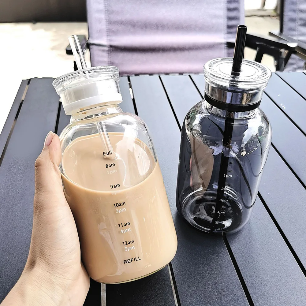 550/750ML Large Capacity Glass Water Bottle With Time Marker Transparent Juice Milk Glass Cup With Lid Straw Drinking Bottle