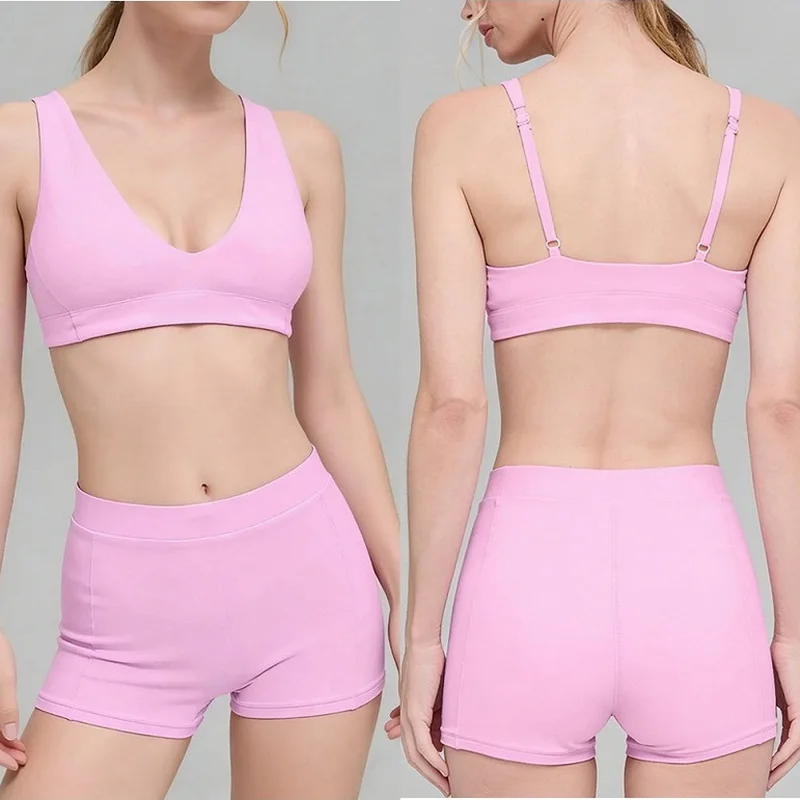 SEEKSUC New Yoga Suit Gathering Shock-absorbing Belt Chest Cushion Running Gym Sports Bra High Waisted Shorts Sportswear