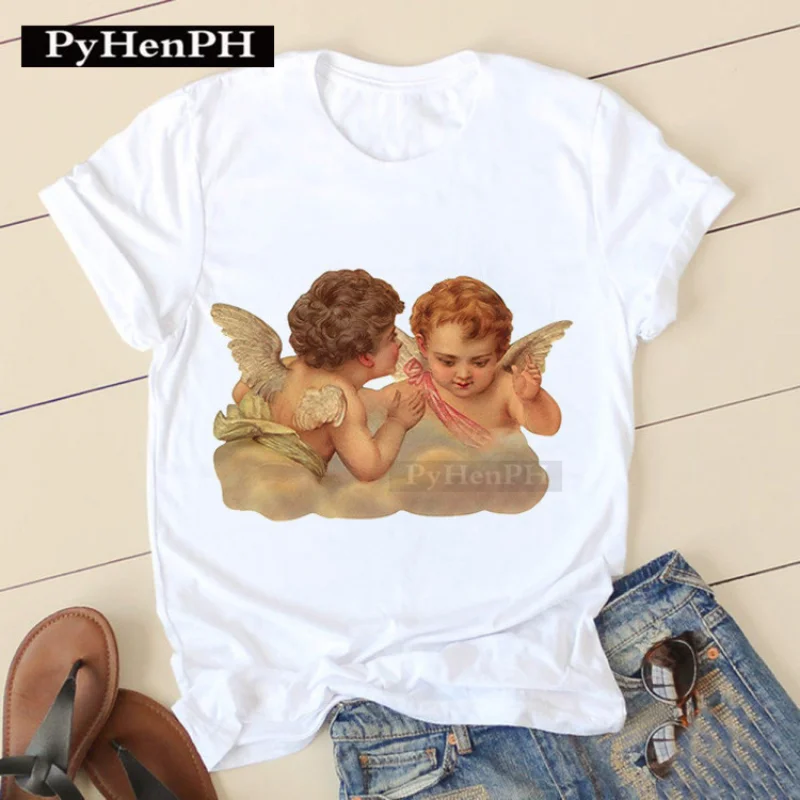เสื้อยืดแขนสั้นผู้หญิง Angel มีสไตล์และน่ารัก เสื้อฤดูร้อนสําหรับนักเรียน และเสื้อยืดกราฟิกชั้นฐาน
