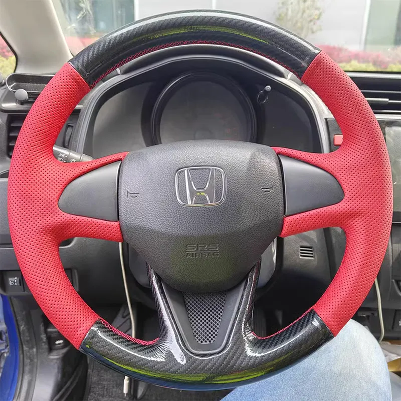 For Honda Fit City Gienia GREIZ 2014-2020 Hand-Stitched non-slip Yellow genuine Leather carbon fibre car Steering Wheel Cover