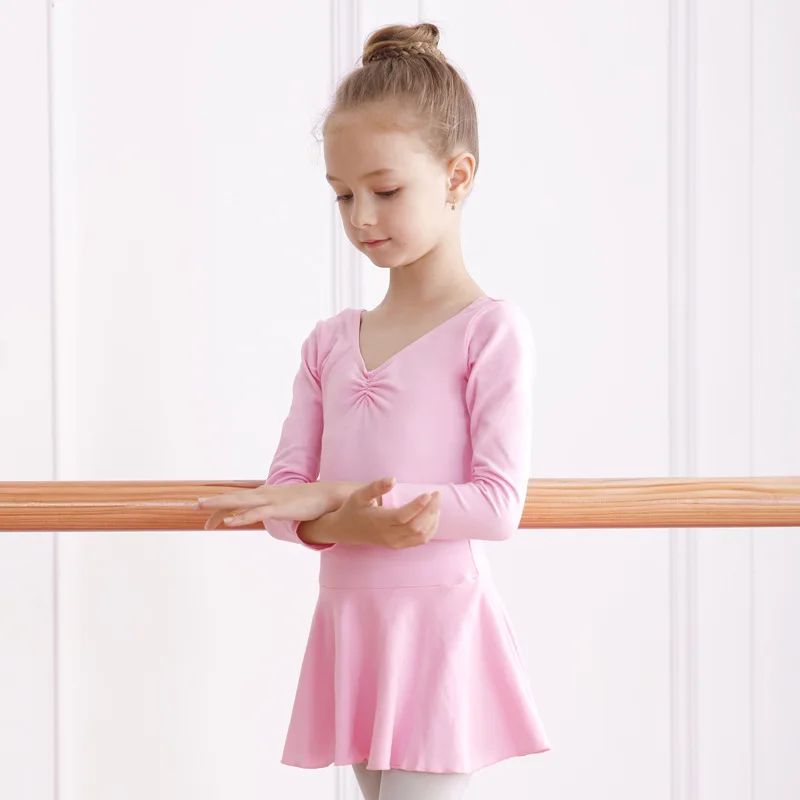 Justaucorps à jupe pour filles, robe courte à manches longues pour la danse de ballet, tenue de ballerine, vêtements de classe en coton, dos en U, princesse