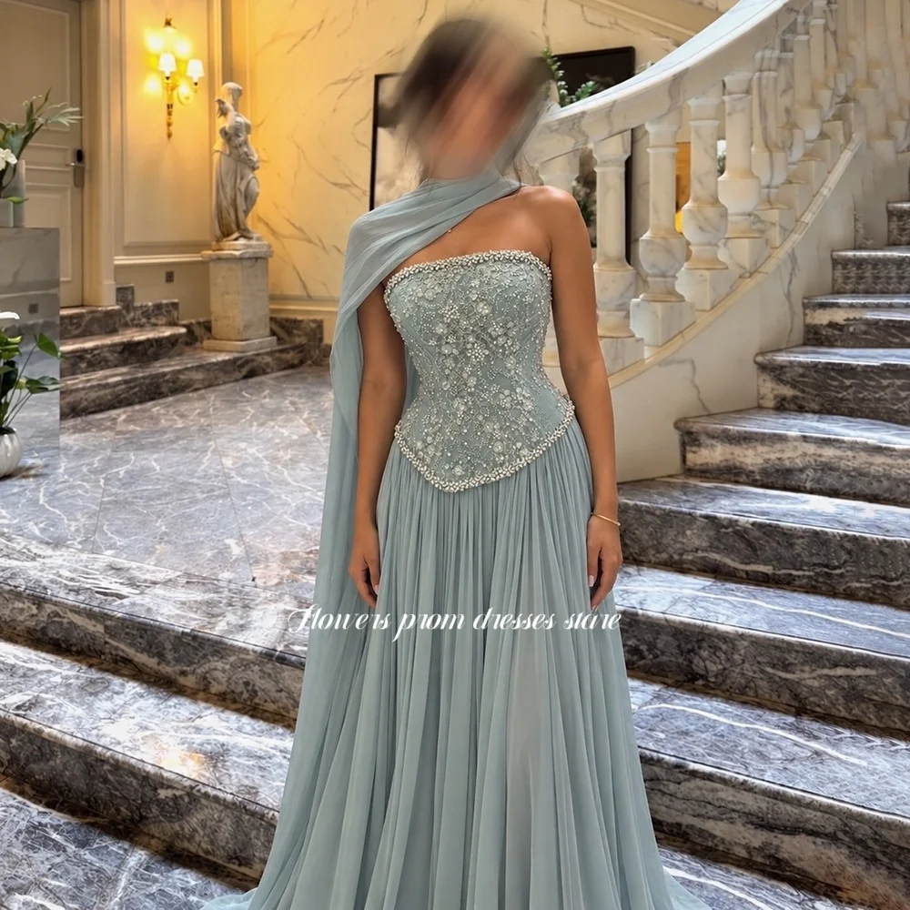 Vestido de noche azul empolvado con flores y bordados de cuentas, vestido de fiesta con pañuelo, vestido de princesa de lujo para mujer, personalizado.