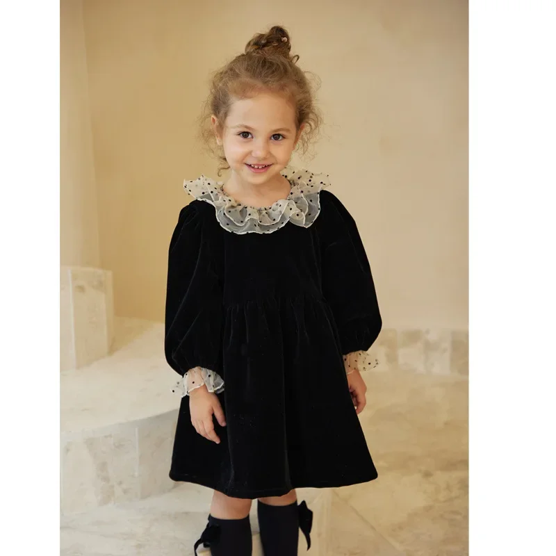 

Kids Girl Velvet Girls Dress Elegant Formal Birthday Party Vestidos Children Long Sleeve Vintage Lace Kids Dress Girls Clothes