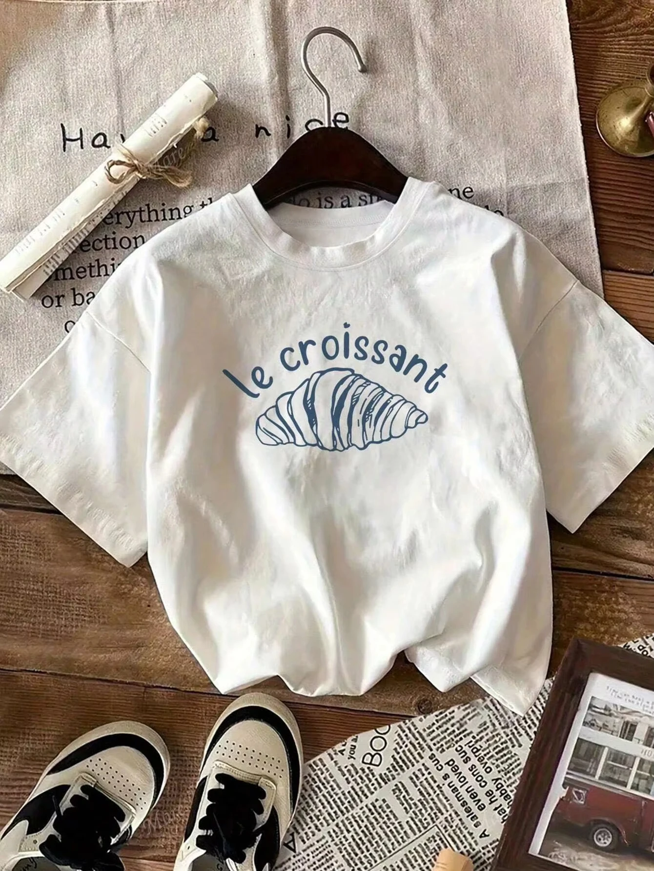 

Le Croissant Printing Women Basics Tee Shirts Cotton Soft T Shirt Cool Short Sleeve Summer Breathable Crewneck Unisex Top