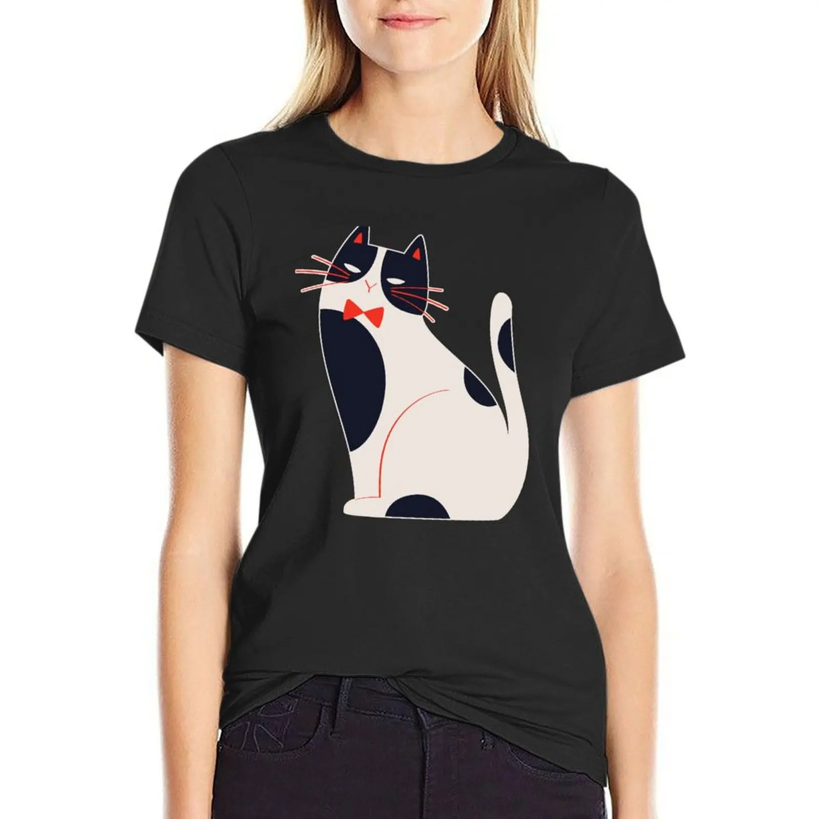 Tuxedo Cat Cute and Funny Colorful Illustrated Cat with Bow Tie Seamless Repeating Pattern T-Shirt tees black t shirts for Women