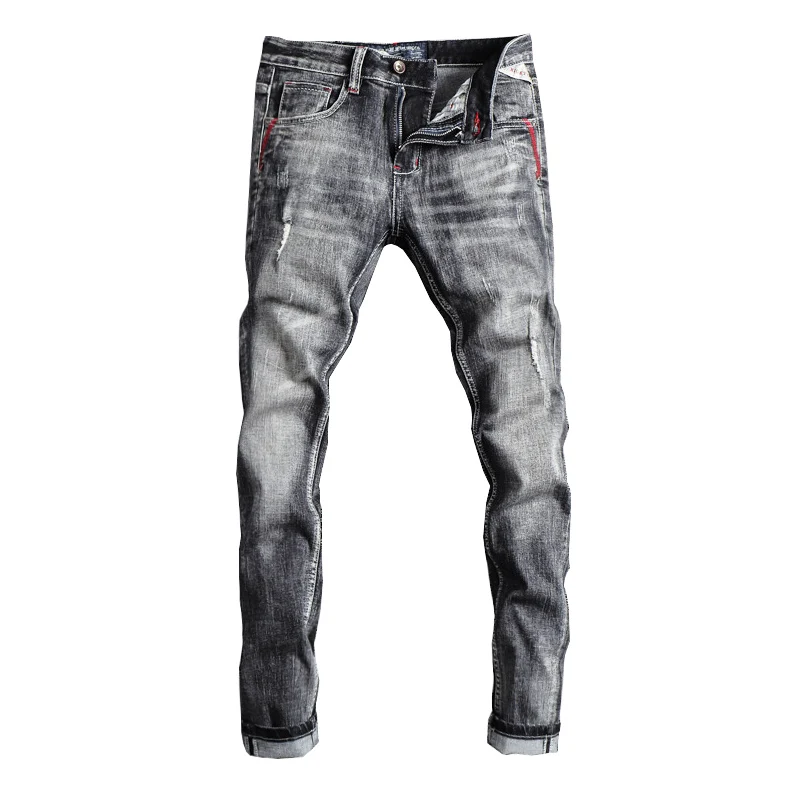 Italian Style Fashion Men Jeans Retro Gray Elastic Slim Fit Ripped Jeans Men Trousers Vintage Designer Casual Denim Pants Hombre