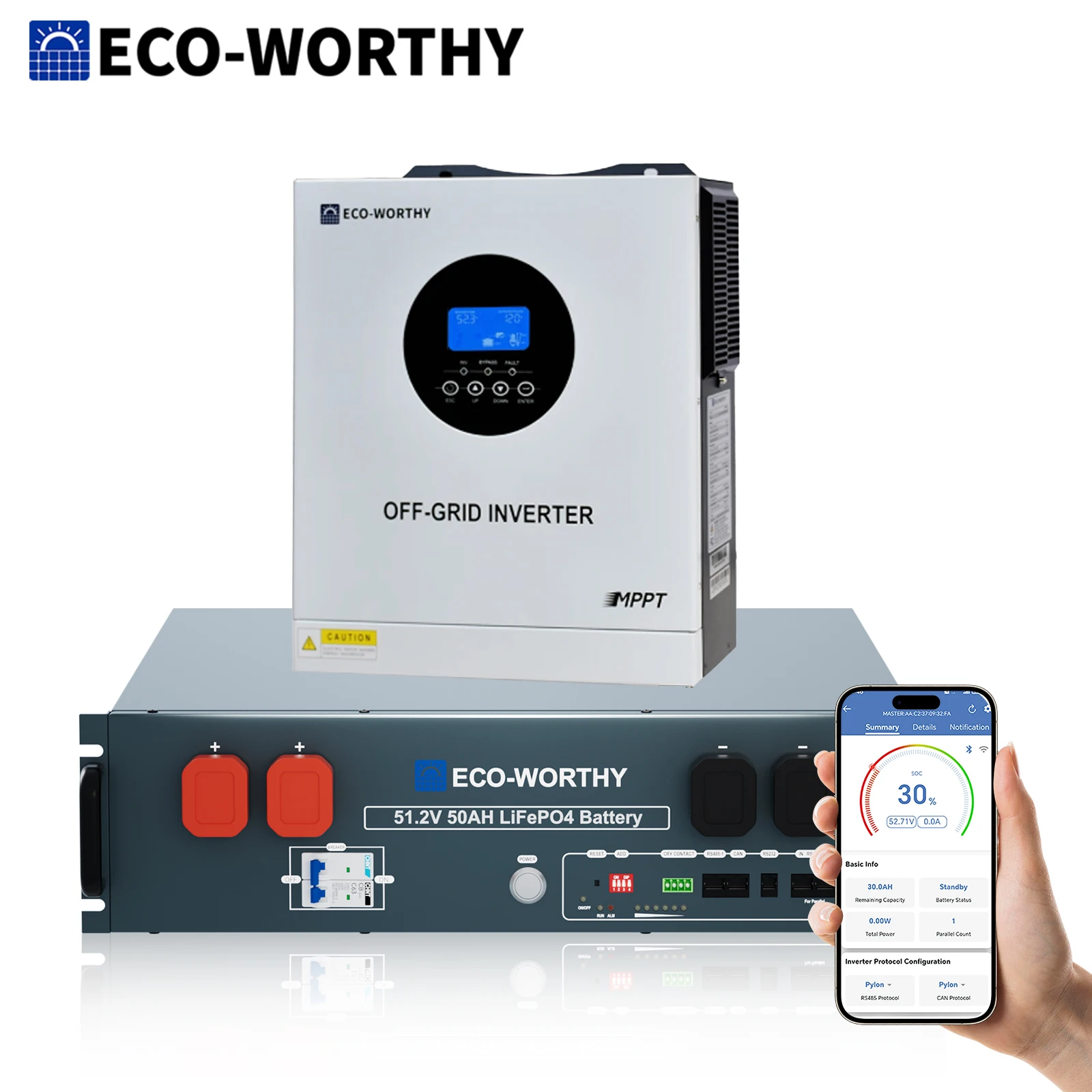 

ECO-WORTHY 2560Wh 48V 50Ah LiFePO4 Server Rack Battery, 3U Rack-Mount Lithium Battery+5000W Solar Hybrid Inverter