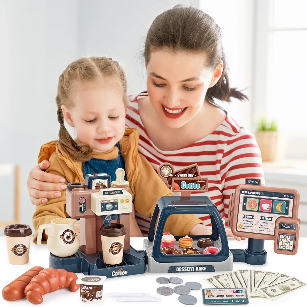 WizKidz Toy Coffee Maker Machine & Cash Register Kit with Sound Light Kids Kitchen Pretend Play Set for Ages Fun Learning Toys