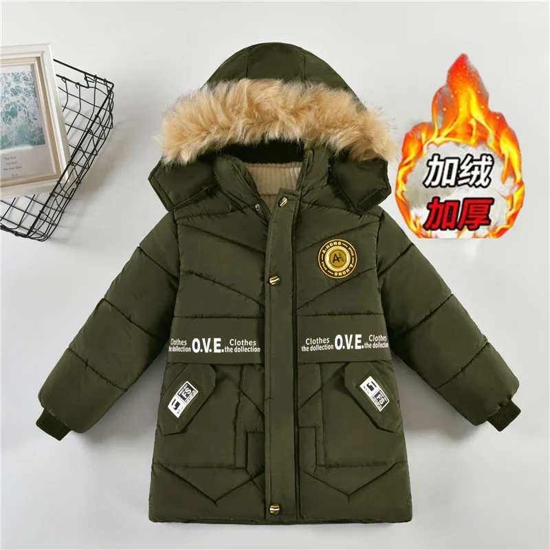 -30℃ Boys Plus Velvet Jackets Winter Padded Thick Warm Cotton Clothes Kids Parka Hooded Snowsuit Coats 4-8 Years