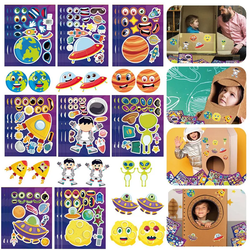6-24Sheets Kids DIY Make A Face Stickers Toys Reusable Make Your Own Solar System Planet Alien Rocket Space Sticker For Children