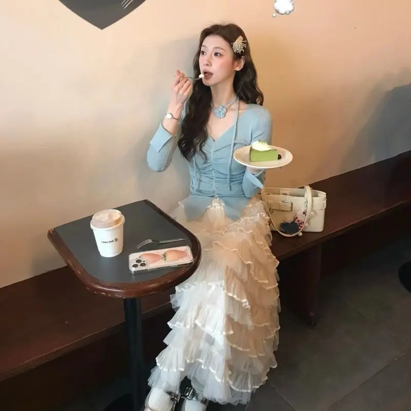 

Faion Floral Patchwork Sweet Cake Skirt Me High Waist Korean Sle Women's f-length Polyester Gored Skirt