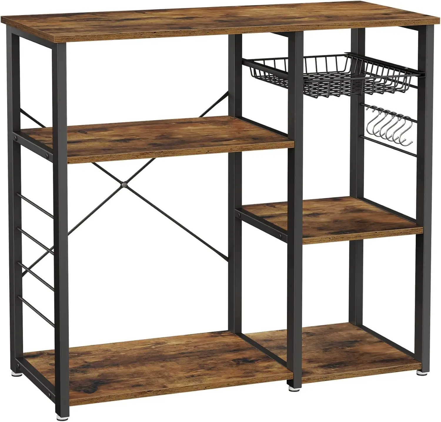 

Baker's Rack with Charging Station, 33 Inch Tall Coffee Bar Stand, Storage Shelves and Pull-Out Basket for Kitchen, Rustic Brown