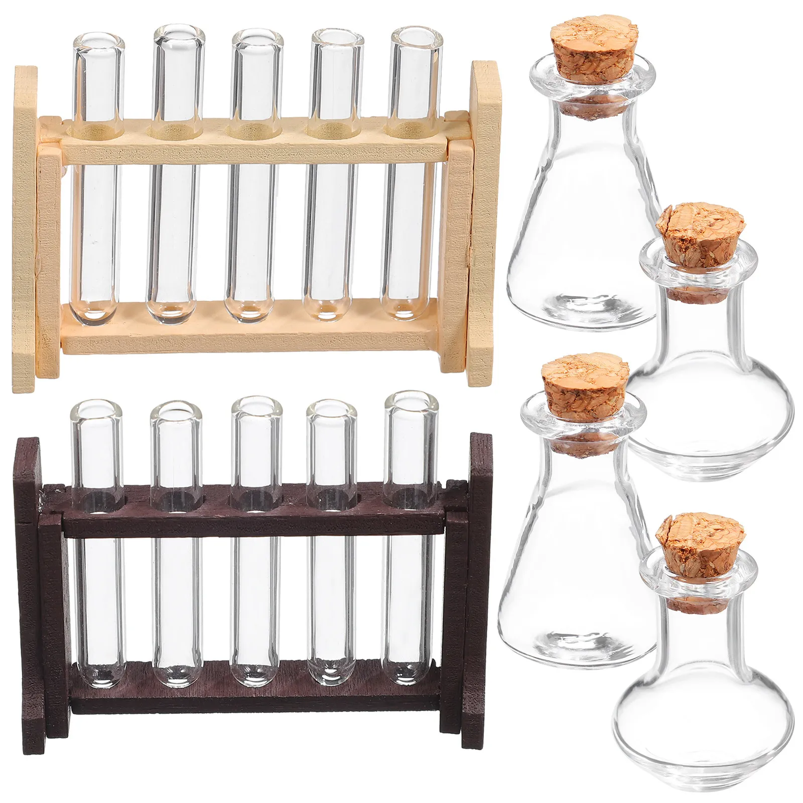 

2 Sets Miniature Glass Test Tubes Rack Wooden Mini House Accessories Micro Scene Decor Miniature Laboratory Science Props Sand