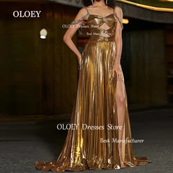 OLOEY Elegant Beads Crystal Custom Made Golden Evening Dress Pleats Satin Wedding Party Prom Dress Zipper Back High Slit Custom